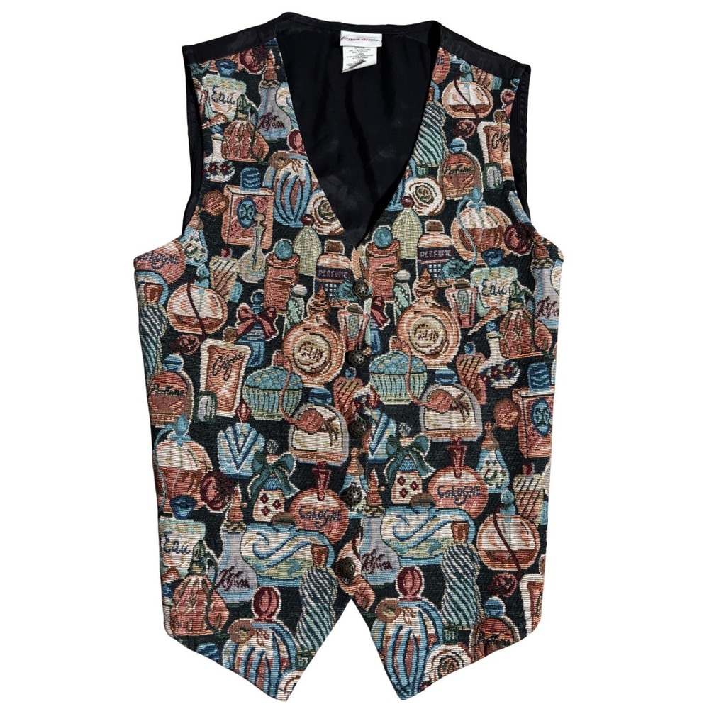Bobbie Brooks Vintage Tapestry Perfume Bottle Vest Black Multi Cotton Blend S